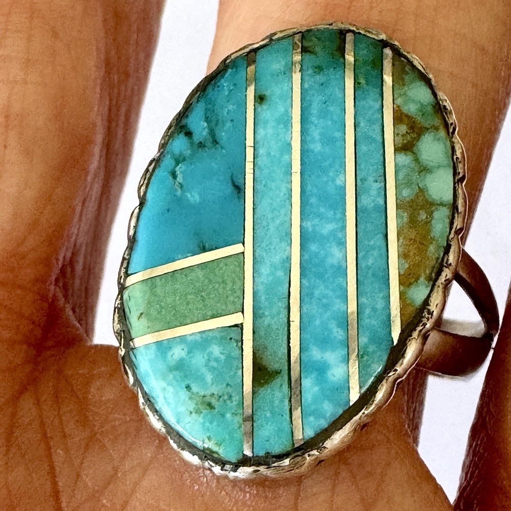 Navajo Ring‎ Sz 11 Mixed Turquoise Inlay Signed D Noble Sterling Native American